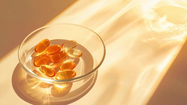 Golden vitamin D supplement capsule in glass bowl glowing in warm sun. Essential nutrition and health support from natural oil softgels for daily wellbeing and immunity in sunlight