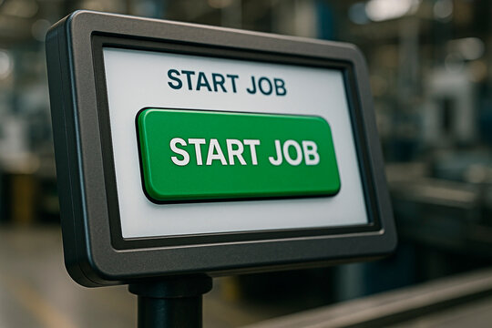 A start job button screen on a machine for the concept of technology and manufacturing.
