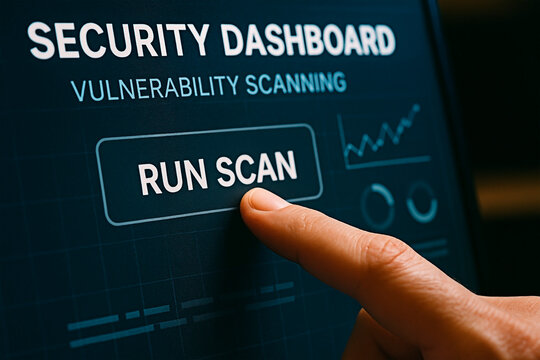 A hand clicking a security dashboard's run scan button.