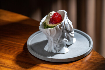 Artistic dessert served in a unique ceramic vessel on a wooden table