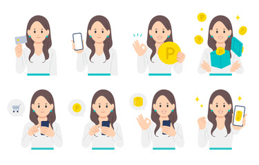 クレジットカードやスマホで買い物をする･ポイントを貯める若い女性のセット【人物ベクターイラスト素材】
