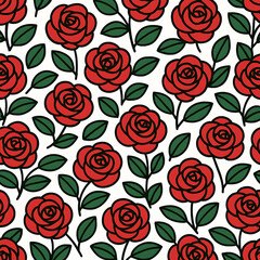 Stylized Red Roses with Green Leaves Seamless Pattern.