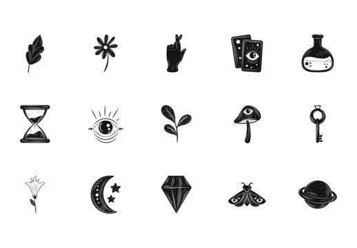 Black And White Esoteric Magical Mystical Celestial Illustrations Set