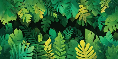 Lush Green Foliage Abundance Tropical Leaves Dense Jungle Scene with a Dark Background and Speckled Highlights Fresh Vibrant Growth Plants Nature Theme