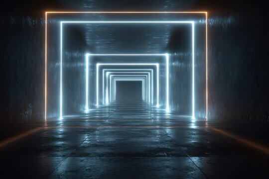 Abstract Geometric Tunnel Of Light With Neon Blue And Orange Squares