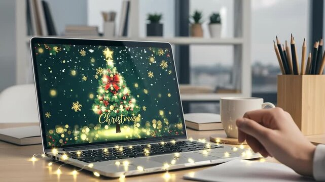 Adult male hand typing on laptop keyboard with festive Christmas tree wallpaper on screen in modern office setting