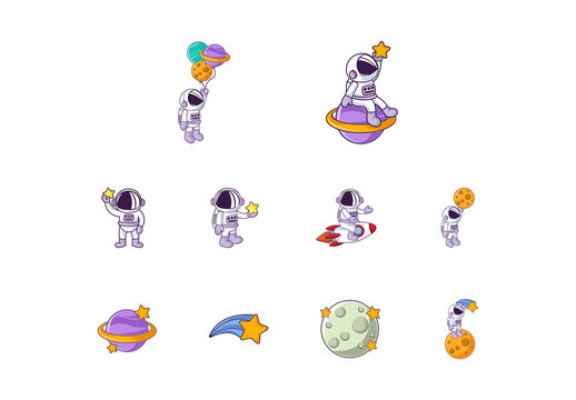 Colorful Astronaut Space Galaxy Illustrations Set