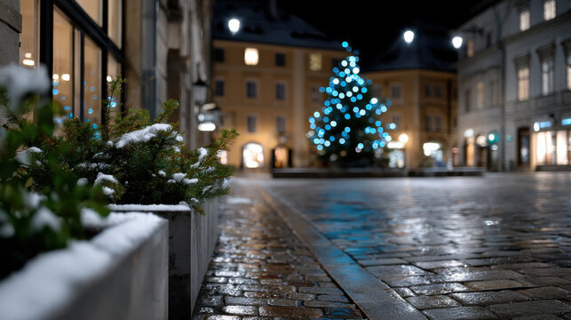 A serene snowy night captures a beautifully decorated Christmas tree, surrounded by a quaint urban atmosphere featuring glistening streets and vibrant holiday vibes.