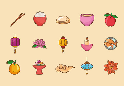 Colorful Chuseok South Korea Illustrations Set