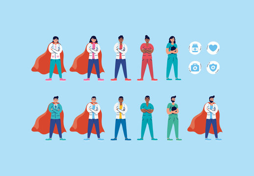 Colorful Doctor Nurse Medical Superhero Character Illustrations Set