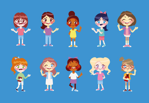 Colorful Girls Character Speaking Kids School Illustrations Set