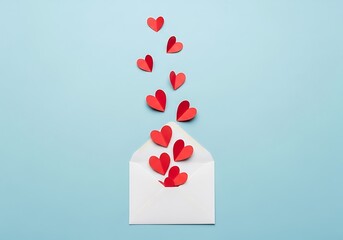 Red paper hearts falling out of an open white envelope