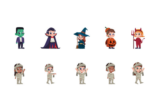 Colorful Halloween Kids Disguised Illustrations Set