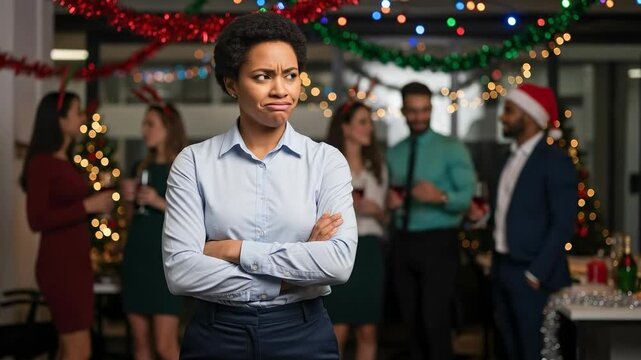 Unhappy young adult Black woman with a grumpy expression at an office Christmas party, standing with arms crossed while colleagues socialize in the background