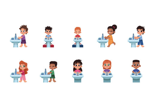 Colorful Kids Hygiene Washing Children Sink Illustrations Set