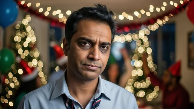 Tired South Asian man with dark circles under his eyes looking stressed and unhappy at a festive holiday party with blurred Christmas lights in the background