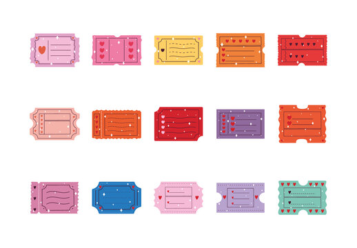 Colorful Love Coupon Romantic Valentine Tickets Illustrations Set