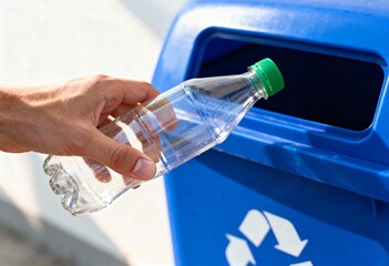 A person's hand is dropping a clear plastic water bottle with a green cap into a bright blue recycling bin.