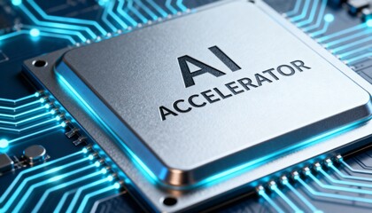 A high-tech, close-up 3D rendering of a specialized AI accelerator processor chip on a glowing blue circuit board.