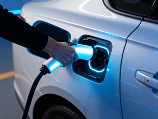 Close-up of a hand inserting a glowing blue electric vehicle charging plug into a modern silver car's port.