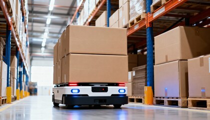 An autonomous mobile robot transports stacked cardboard boxes down a long aisle in a large, modern distribution center.