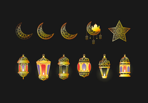 Colorful Ramadan Eid Mubarak Illustrations Set