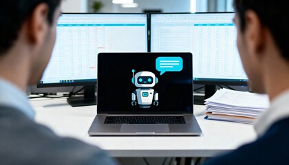 Office workers viewing a laptop screen showing a chatbot assistant graphic amidst data spreadsheets on large monitors.