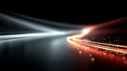 黒背景を走る赤と白の抽象的な光の軌跡