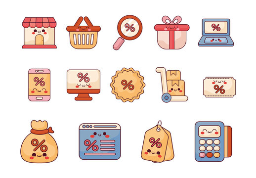 Colorful Sale Commerce Shopping Store Discount Illustrations Set