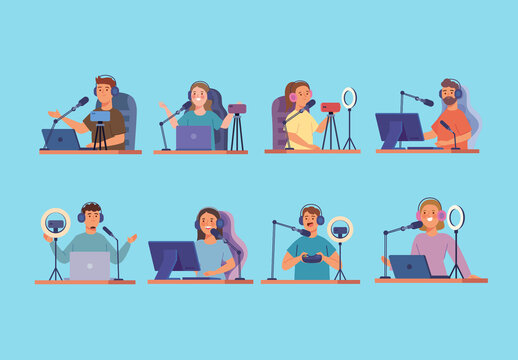 Colorful Streamer Podcast People Illustrations Set