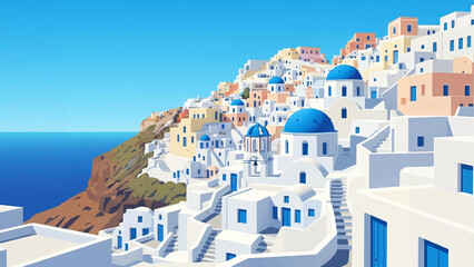 Fototapeta premium Santorini illustration: iconic Greek village with white houses, blue domes, on a cliff overlooking the Aegean Sea.
