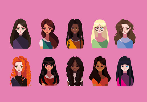 Colorful Woman Portrait Long Hair Female Illustrations Set