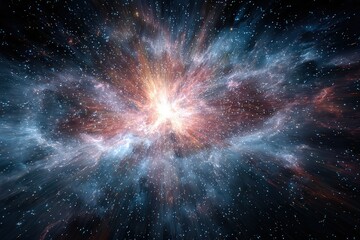 Abstract cosmic explosion radiating energy with vibrant colors in a deep space background