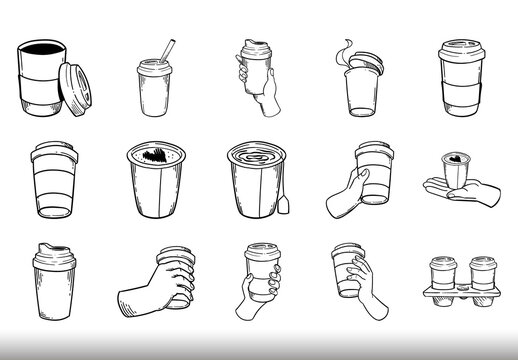 Black And White Coffee Cup Hand Drawn Takeaway Drinks Icons Set