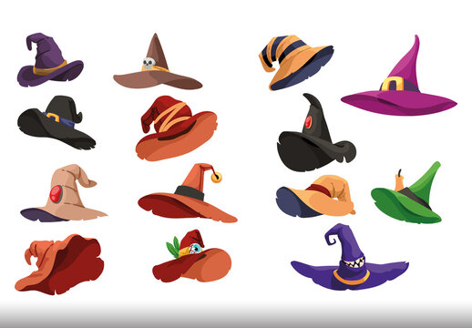 Multicolor Halloween Witch Magic Costume Hats Illustrations Set