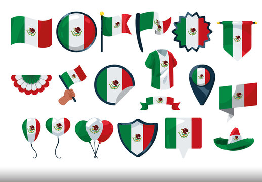 Multicolor Mexico Flag Independence Celebration Illustrations Set