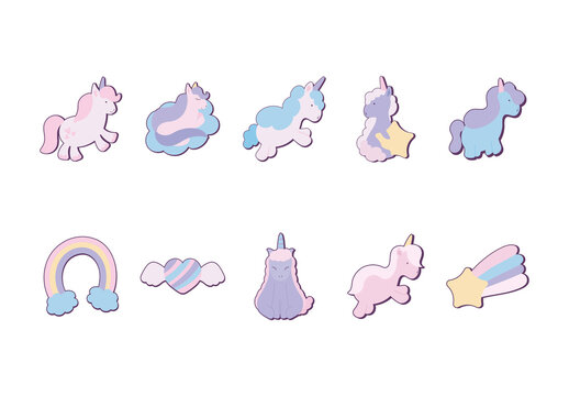 Pink And Purple Kawaii Unicorn Magic Rainbow Illustrations Set