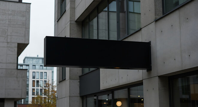 Exterior view of a modern building with a blank, black sign attached.