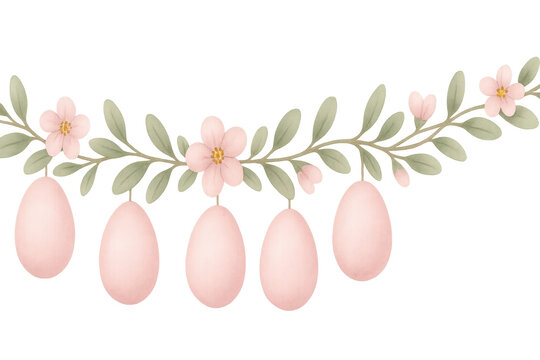 Watercolor easter eggs hanging on floral garland