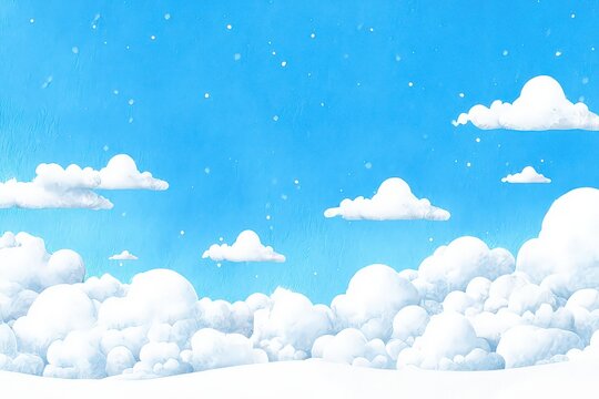 Pixelated White Clouds Floating In Bright Blue Sky With Gentle Snowfall Animation
