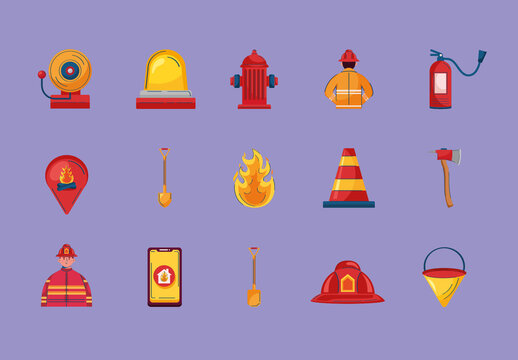 Red And Orange Firefighter Equipment Fireman Tools Rescue Illustrations Set