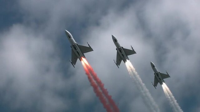 Bottom-up view of multiple jet fighters soaring in formation, engines roaring, clouds drifting behind them, filmed in 4K with cinematic contrast