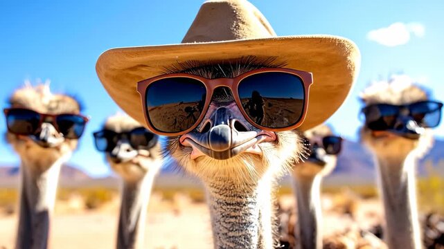 Funny ostriches wearing sunglasses and a hat posing in the desert.