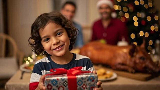 Joyful young boy with curly hair holding a Christmas gift towards the camera during a festive family dinner celebration with a roasted pig and decorated tree in the background
