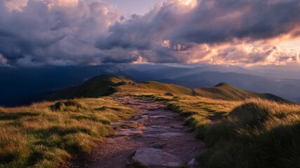 Naklejka premium Rocky path on sunlit hill at sunset. AI image