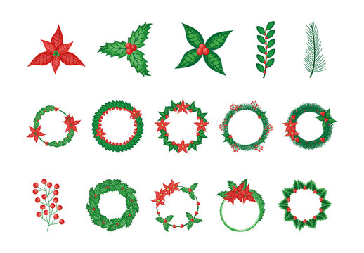Red And Green Mistletoe Christmas Floral Decoration Illustrations Set