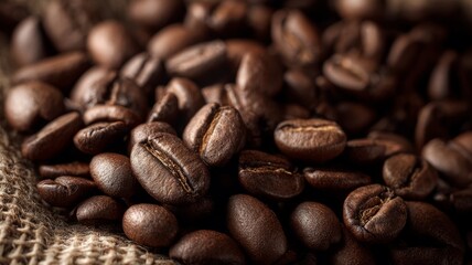 Naklejka premium Close-up of roasted coffee beans in warm light. AI image