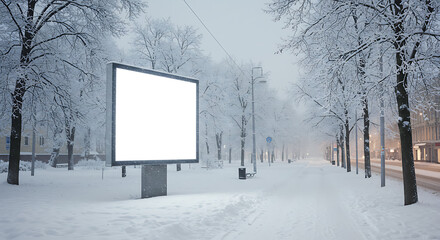 A blank billboard stands prominently in a snowy, tree-lined avenue, awaiting content.