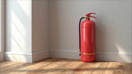 Red fire extinguisher against grey wall. AI image
