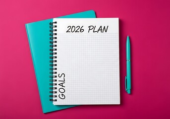 2026 yearly plan and goals notebook with pen on pink background